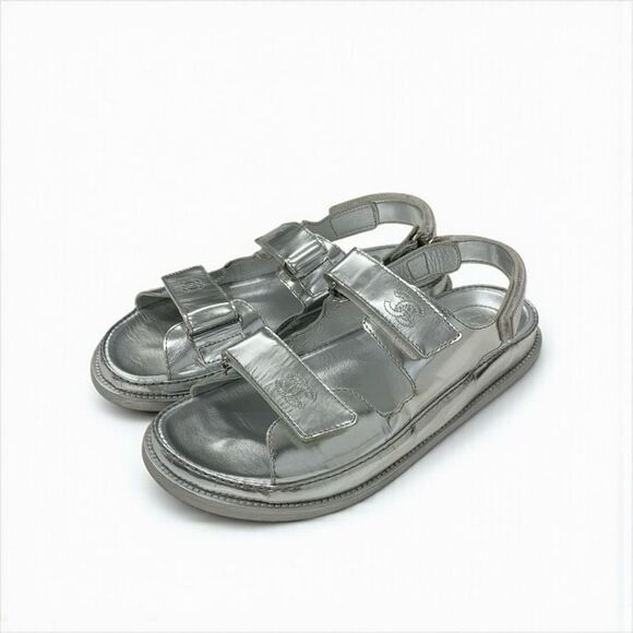 Chanel Handbags - Chanel Sandals Shoes Leather Silver Coco Mark Velcro
